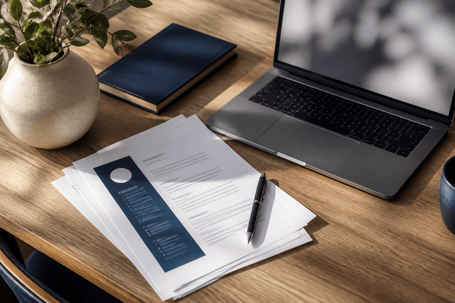 A desk with a laptop, CV papers, and morning light