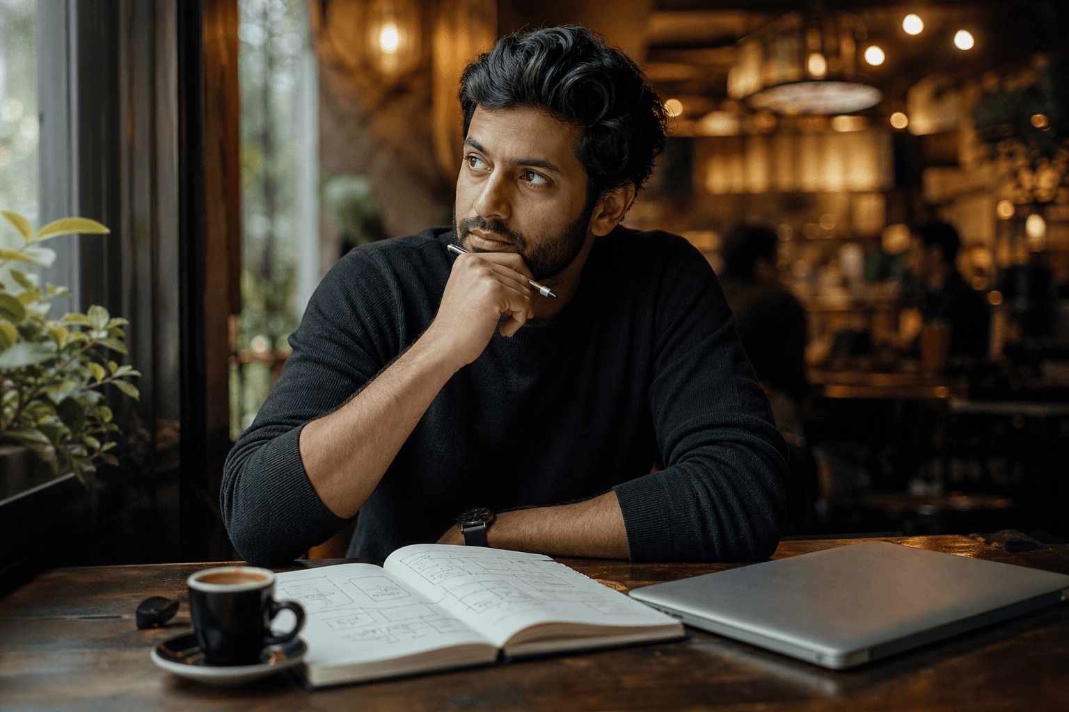 An engineer preparing notes over coffee in a quiet cafe