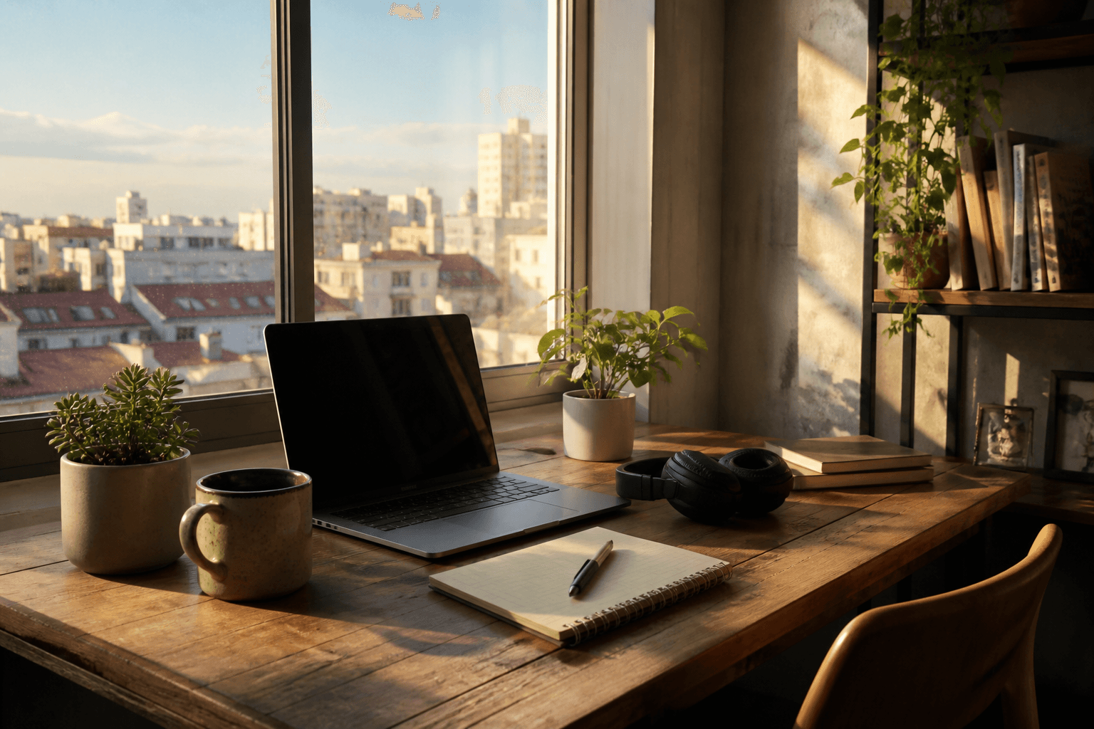 A bright remote desk beside a window with a city view