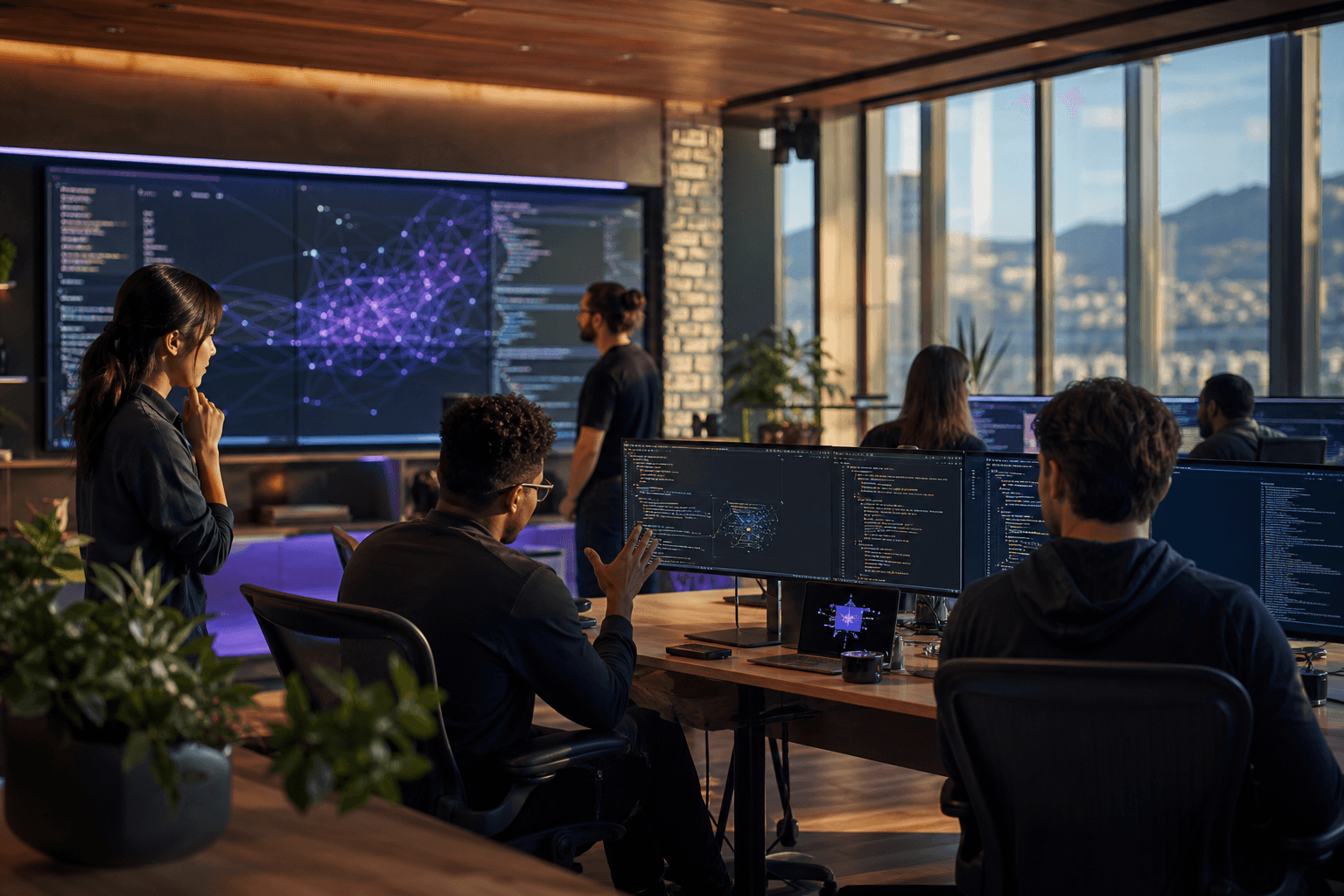 Engineers collaborating in a sunlit studio
