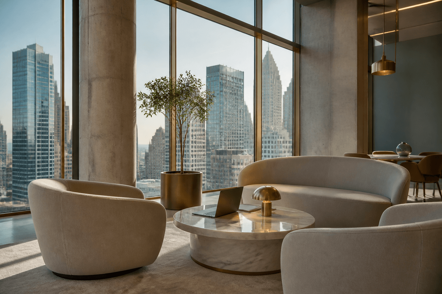 A quiet modern office lounge overlooking the city